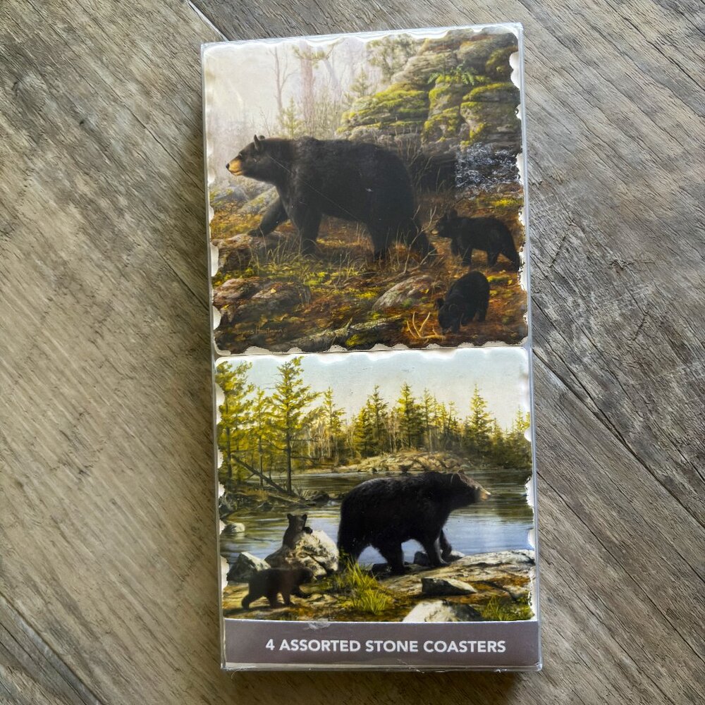 Set 4 Tennessee Black Bear & Cubs Stone Coasters Absorbent & Cork Backed